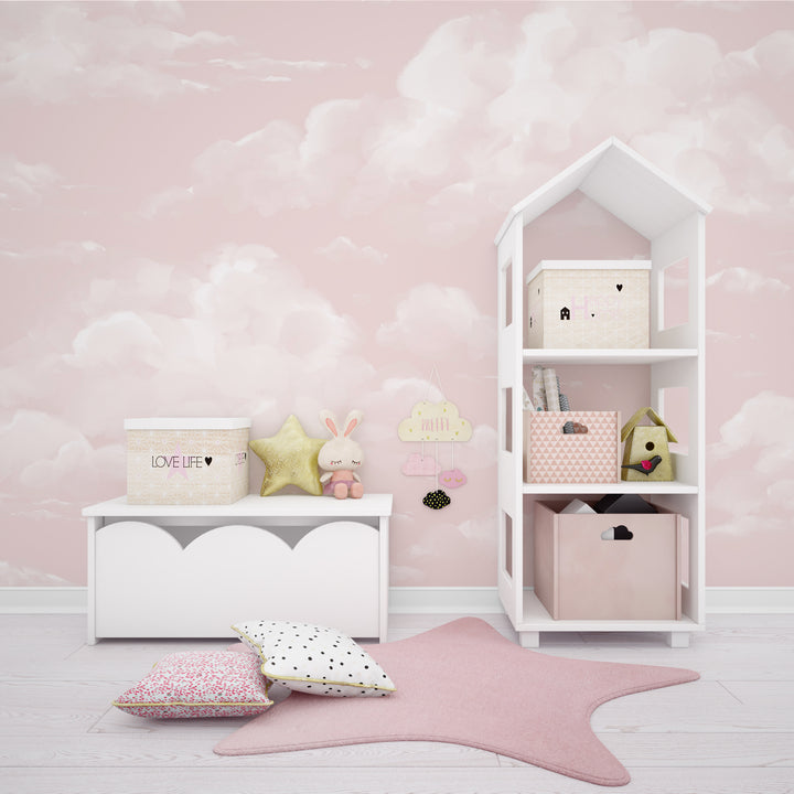 Blush sky wallpaper with fluffy white watercolor clouds, printed on peel and stick or removable pre-pasted wallpaper for easy, damage-free nursery decorating.