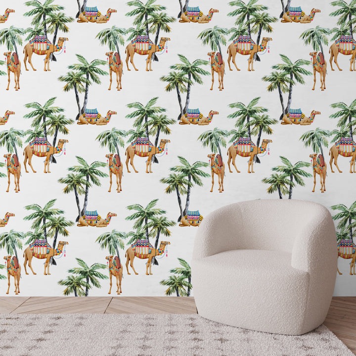 Hand-painted camel wallpaper with lush palm trees, ideal for kids’ rooms or boho nurseries, removable and safe for walls.