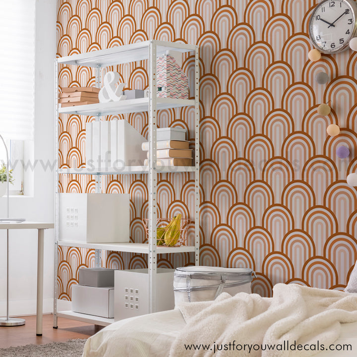 Bohemian wallpaper featuring repeating golden-brown arch patterns with neutral-colored details