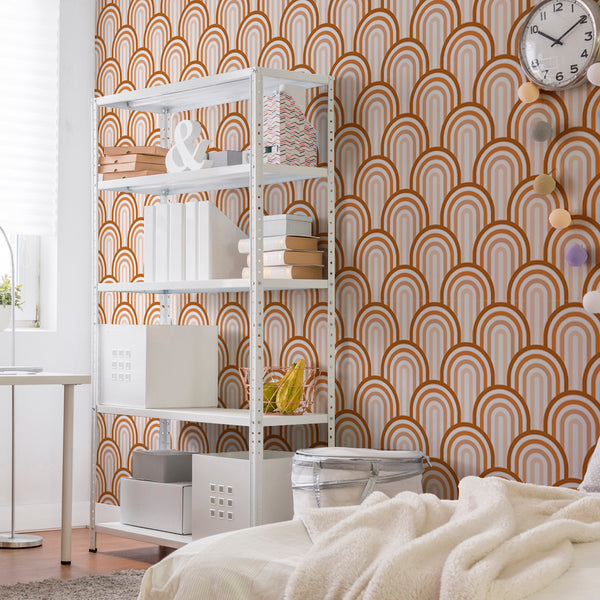Retro arch wallpaper in warm terracotta, caramel, and cream tones with repeating rounded arc pattern, available in removable peel and stick or pre-pasted wallpaper.