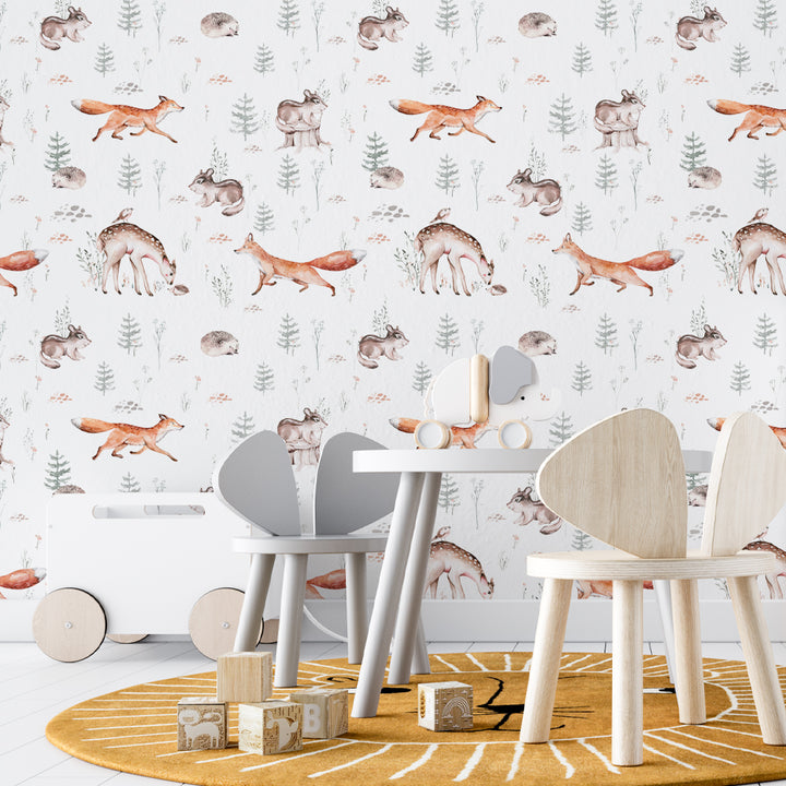 Whimsical woodland nursery wallpaper design with watercolor forest animals and plants, removable and eco-friendly, ideal for gender-neutral nursery décor.