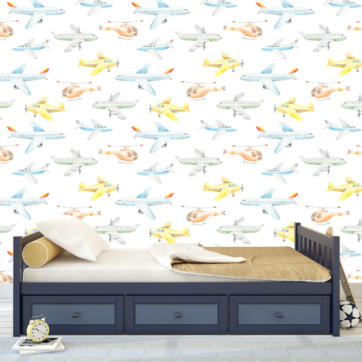 Neutral airplane wallpaper pattern with illustrated aircraft and helicopters scattered across white, easy to install removable wallpaper for children’s rooms.
