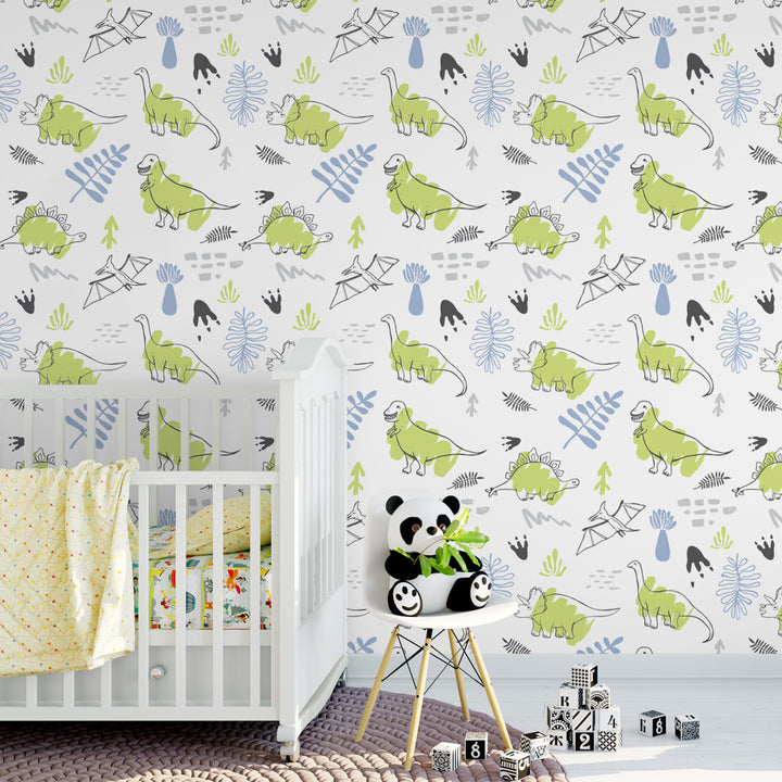 Dinosaur wallpaper with green and blue prehistoric creatures, perfect for nurseries or kids’ playrooms, removable, eco-friendly, and easy to install.