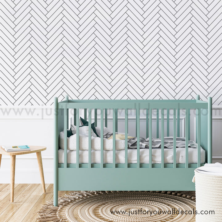 herringbone wallpaper, peel and stick kids wallpaper, modern nursery wallpaper, zigzag wall design, Scandinavian kids room wallpaper, white line pattern wallpaper, gender neutral wallpaper, minimal baby room wallpaper, stick on herringbone wallpaper, trendy playroom decor