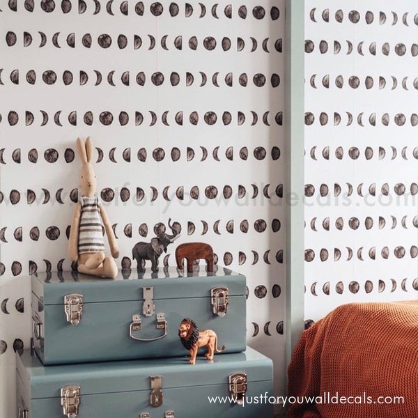 black and white nursery wallpaper, Elegant wallpaper design featuring a repeating moon-phase pattern in black and white 