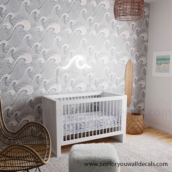 kids wave wallpaper, Contemporary wallpaper featuring repeating ocean wave patterns in soothing blue and white
