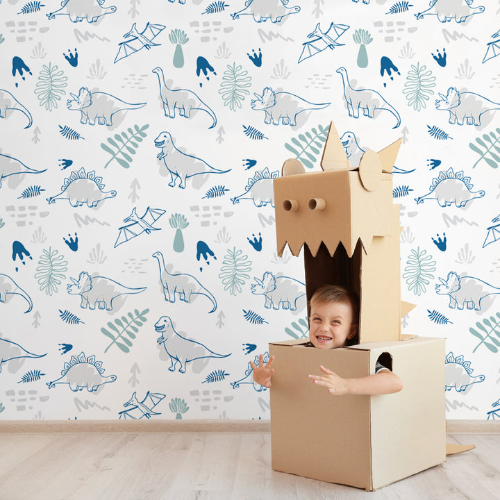 Boys dinosaur wallpaper featuring watercolor T-Rex, Stegosaurus, and Brontosaurus in blue and green tones, removable peel-and-stick or pre-pasted options, eco-friendly and damage-free.