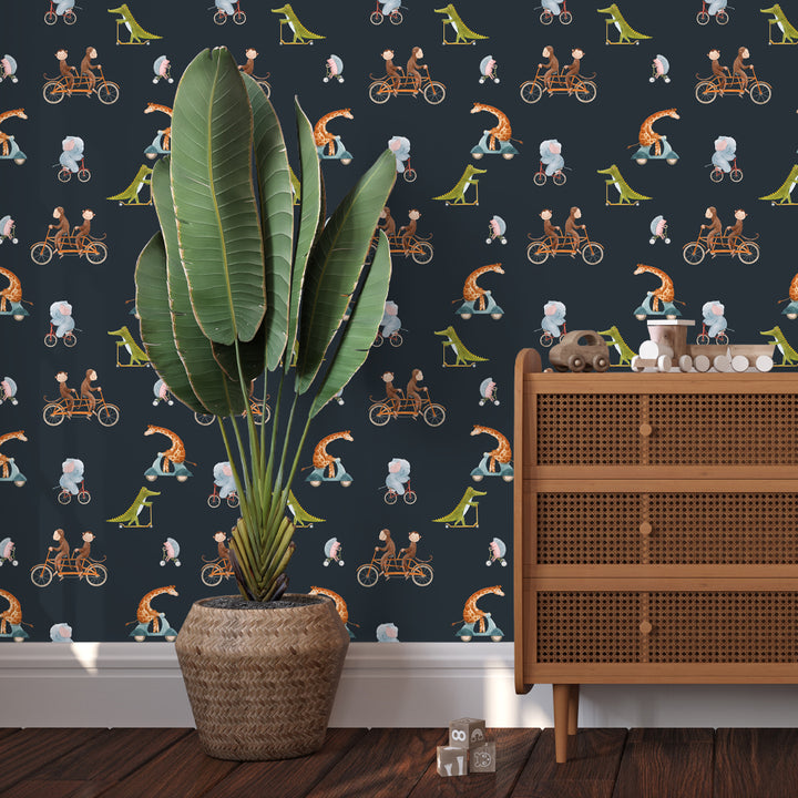 Playful navy wallpaper with whimsical animals on wheels, ideal for nurseries or playrooms, eco-friendly and easy to install peel and stick option.