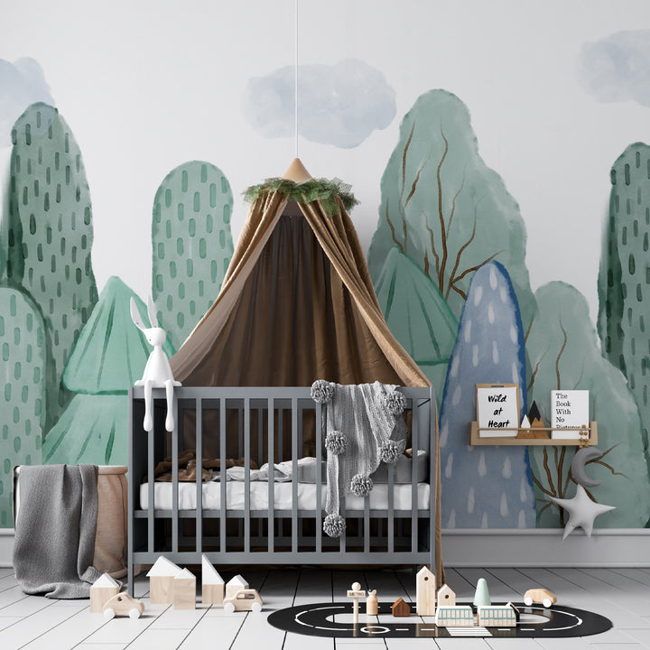 Whimsical tree and nature-themed removable wallpaper for kids' spaces.
