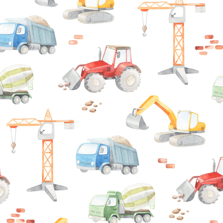Gender neutral kids wallpaper with cute construction trucks, excavators and cranes in a hand-painted style, available in peel and stick or pre-pasted removable wall covering.