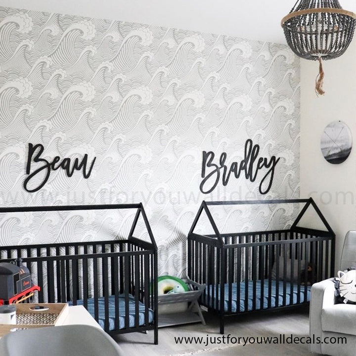 twin wallpaper, Playful wallpaper with repeating ocean wave patterns in calming blue and white tones. Decorative wallpaper featuring stylized coastal waves, perfect for adding playful charm to any room.