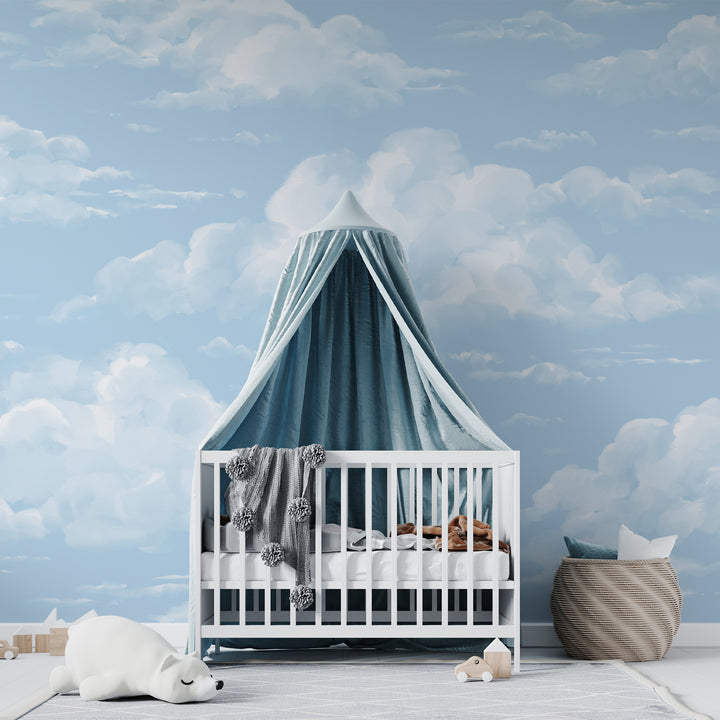 Light blue cloud wallpaper with watercolor-style clouds floating across the design, available as peel and stick or removable pre-pasted for easy installation and clean removal.