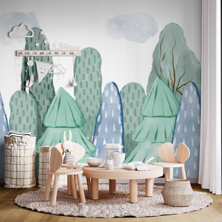 Forest theme kids wallpaper, Watercolor tree mural for nursery, Woodland adventure wall art, Peel and stick forest wallpaper, Nature-inspired playroom decor