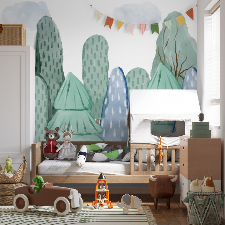 Forest theme kids wallpaper, Watercolor tree mural for nursery, Woodland adventure wall art, Peel and stick forest wallpaper, Nature-inspired playroom decor
