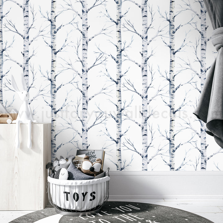 Soft, nature-inspired wallpaper design showcasing slender birch trees.