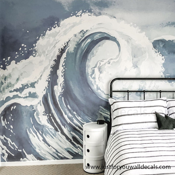ocean wallpaper, Wallpaper mural featuring a large, sweeping ocean wave painted in soft watercolor blues and whites.