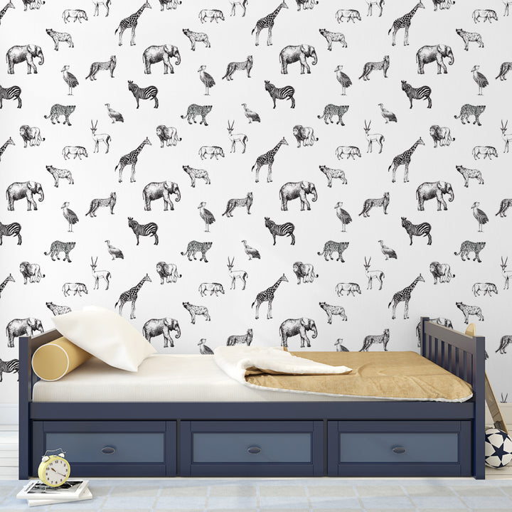 Modern safari animal wallpaper with detailed sketches of wild creatures like giraffes, elephants, and cheetahs, black and white design perfect for kids’ bedrooms or playrooms.