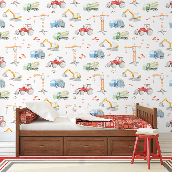 Watercolor boys room wallpaper with adorable construction vehicles and building equipment in a playful repeating layout, eco-friendly removable wallpaper for nurseries and play spaces.