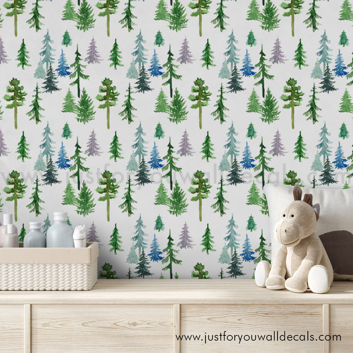 Nursery-friendly wallpaper design featuring hand-painted forest trees in soothing pastel shades, woodland wallpaper