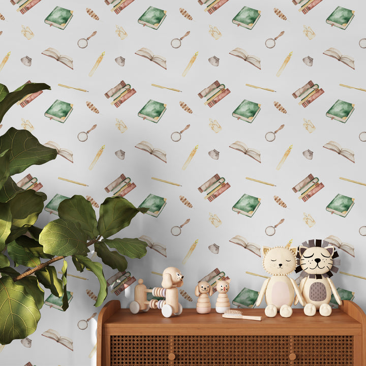 Whimsical school-themed wallpaper featuring magical books, writing tools, and study elements. harry potter peel and stick removable wallpaper