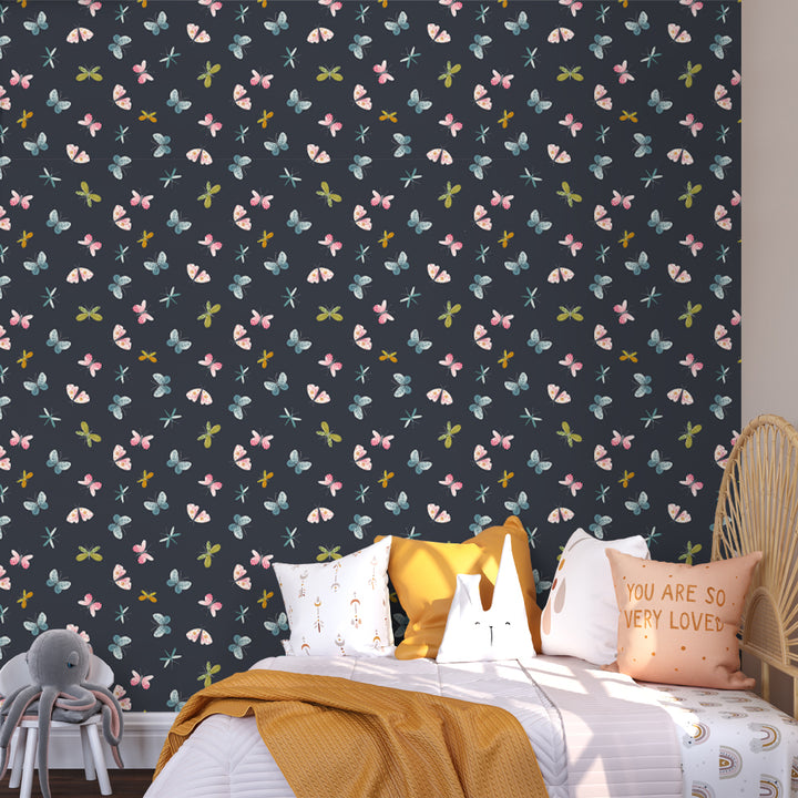 Navy butterfly wallpaper with watercolor butterflies and dragonflies, removable and eco-friendly, perfect for adding charm to a child’s nursery or bedroom.