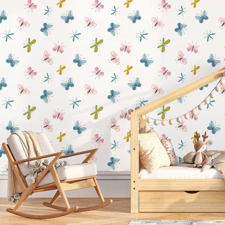 Whimsical butterfly and dragonfly wallpaper with watercolor pink, blue, and green tones on white background, perfect for nursery or kids’ room décor, removable and eco-friendly.