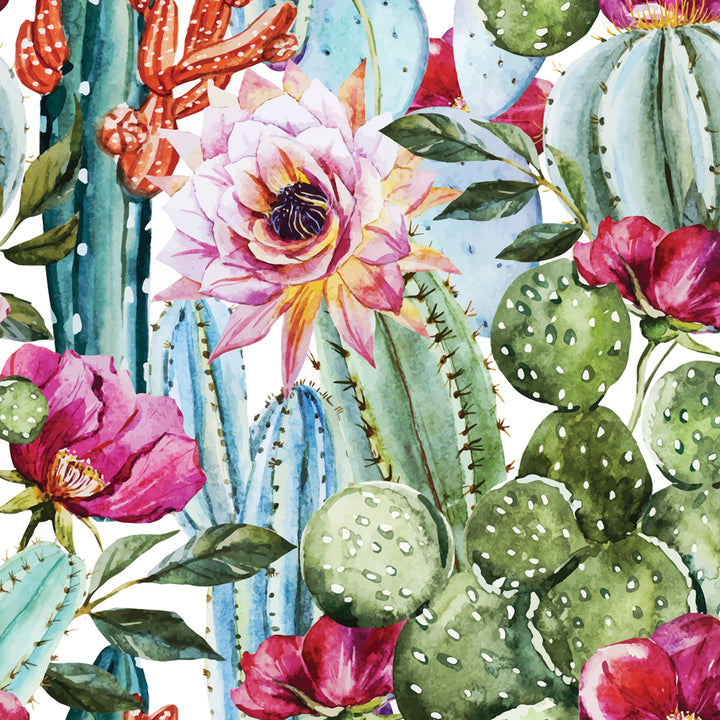 Cactus floral peel-and-stick wallpaper, watercolor design with desert succulents and pink blooms, removable, eco-friendly, and renter-friendly.