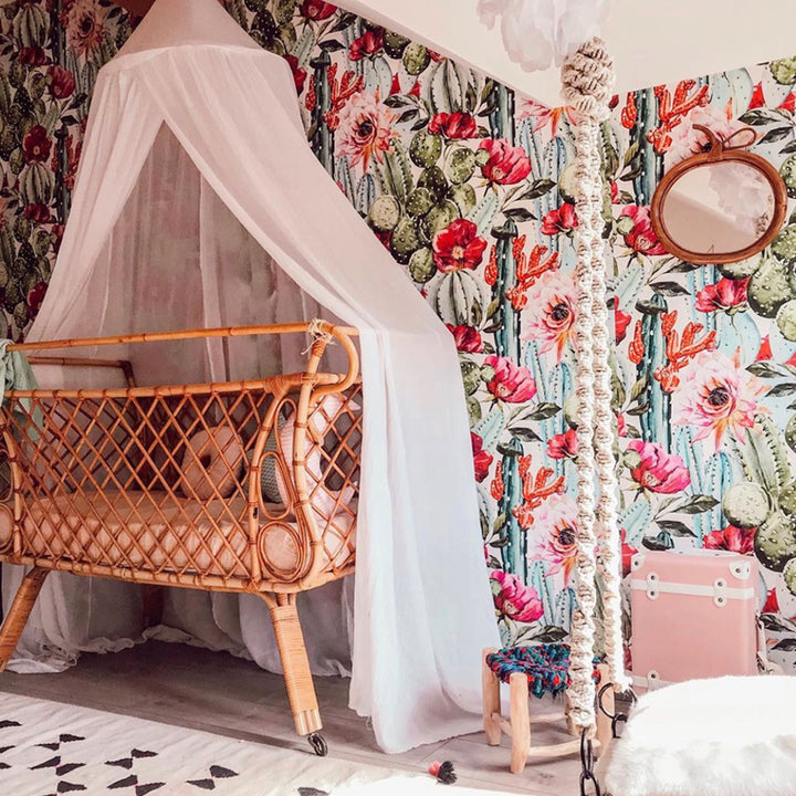 Green cactus and pink flower watercolor wallpaper mural, peel-and-stick or pre-pasted, easy to install, removable without wall damage, ideal for nursery décor.