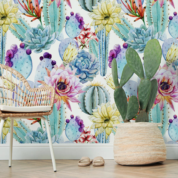 Colorful cactus watercolor wallpaper featuring blooming succulents, desert flowers, and cacti in pastel greens, pinks, yellows, and purples. Available in peel and stick or pre-pasted, eco-friendly, removable materials for nursery, bedroom, or laundry room walls.