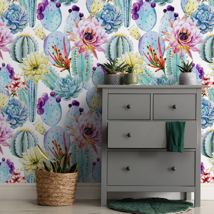 Bright watercolor cactus wallpaper bursting with succulents and flowers in painterly pastel hues. Ideal for modern interiors, baby rooms, or laundry walls. Eco-friendly and removable in peel-and-stick or pre-pasted materials