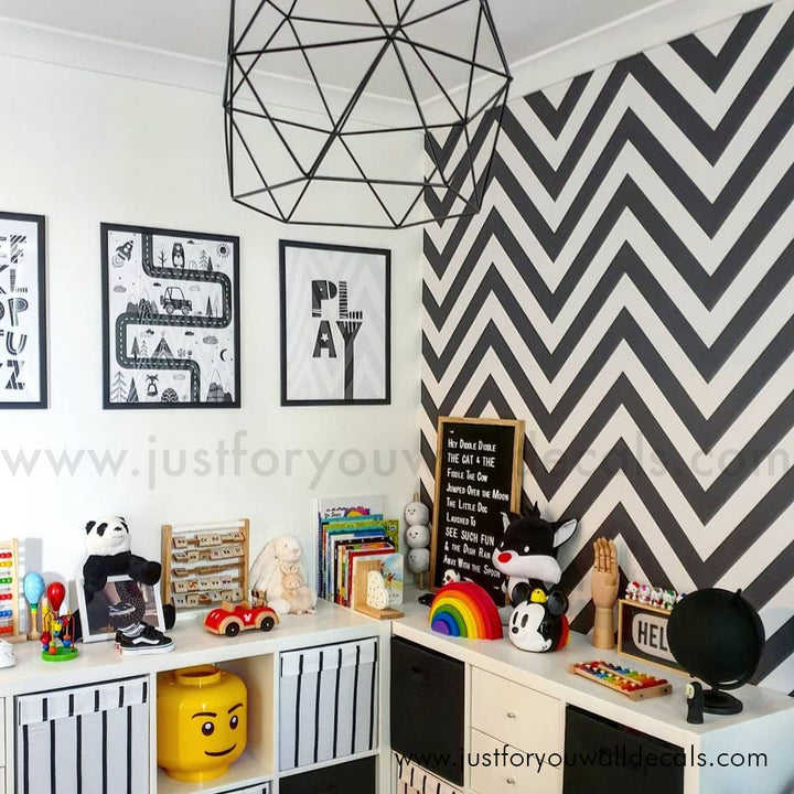 Contemporary zigzag stripe wallpaper design perfect for nurseries and playrooms, black and white wallpaper, chevron wallpaper, bold wallpaper, modern wallpaper, herringbone wallpaper, peel and stick, removable wallpaper, pre pasted wallpaper
