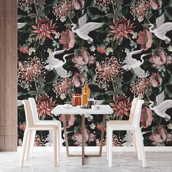 Heron Asian Wallpaper, Crane Bird Wallpaper, Bird Floral Wallpaper, Chinese Birds Wallpaper, Chinese Birds, Bathroom Wallpaper  