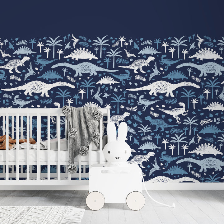 Navy blue dinosaur-themed wallpaper featuring hand-drawn prehistoric creatures and palm trees.