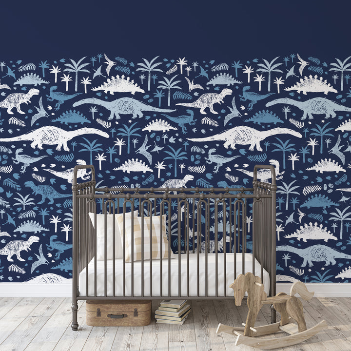 Playful dino pattern wallpaper in shades of blue and white, perfect for kids' rooms and nurseries.