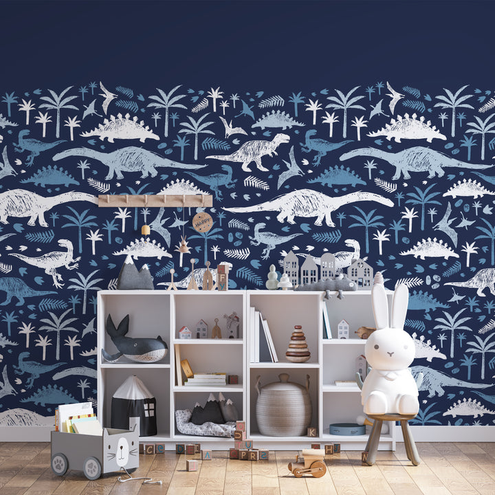 Dinosaur Wallpaper, Dinosaur Peel and Stick Removable Wallpaper, Blue Wallpaper, Boys Room Wallpaper, Baby Boy Wallpaper Mural