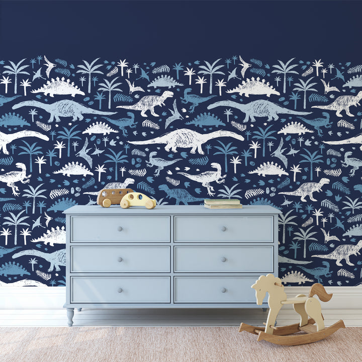 Playful dino pattern wallpaper in shades of blue and white, perfect for kids' rooms and nurseries.