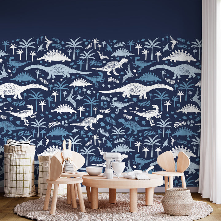 Navy Blue Dinosaur Wallpaper, Removable Peel and Stick, Boy Wallpaper, Modern Boy Nursery Wallpaper, Baby Boy Wallpaper Dino Theme