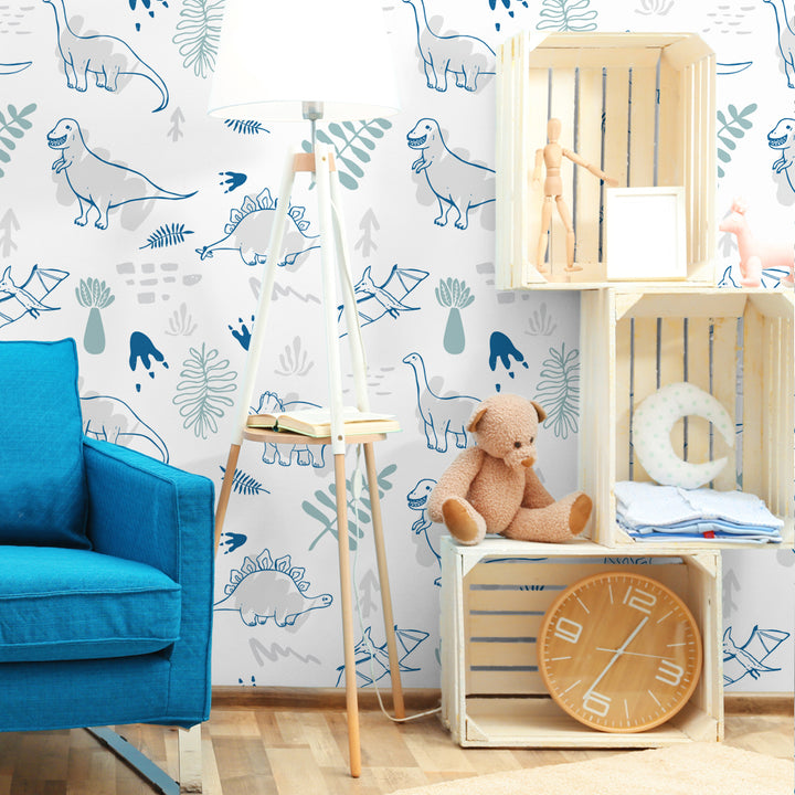 Dino nursery wallpaper with friendly watercolor dinosaurs in blue and green hues, eco-friendly and removable, available in peel-and-stick or pre-pasted.