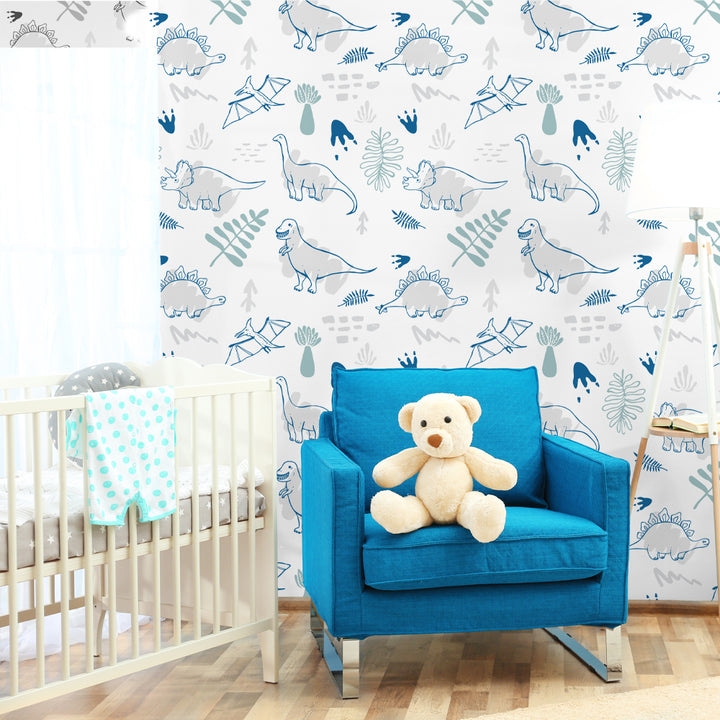 Watercolor dinosaur wallpaper for boys’ room with hand-drawn dinos and leafy patterns, perfect for nurseries or playrooms, removable and safe for walls.