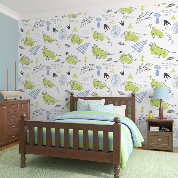 Green dinosaur wallpaper for boys featuring watercolor T-Rex, Triceratops, and Stegosaurus, removable peel-and-stick or pre-pasted options, eco-friendly and damage-free.