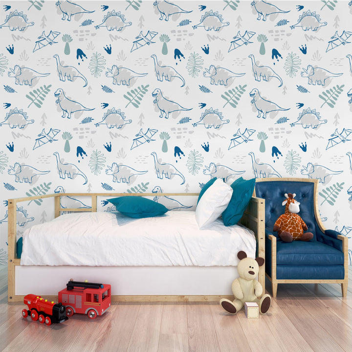 Boys dinosaur wall mural featuring watercolor illustrations of prehistoric animals, ideal for toddler rooms or nurseries, removable and easy to install.