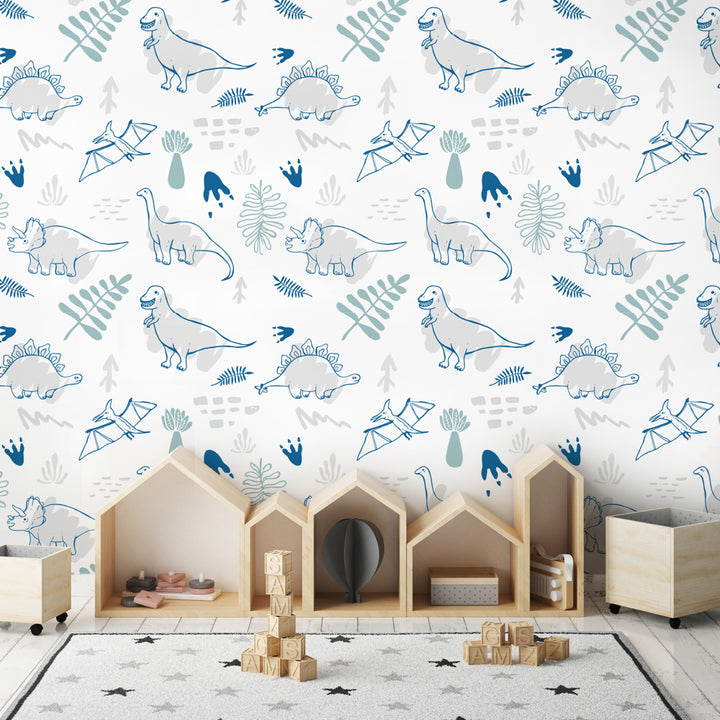 Watercolor dinosaur wallpaper design with playful prehistoric creatures, printed on premium eco-friendly material, peel-and-stick or pre-pasted for easy DIY.