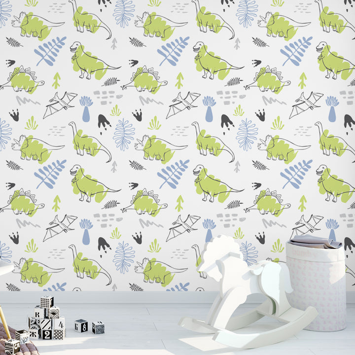 Playful green dinosaur wallpaper pattern featuring watercolor prehistoric animals, removable and wall-safe, printed on eco-friendly wallpaper material.