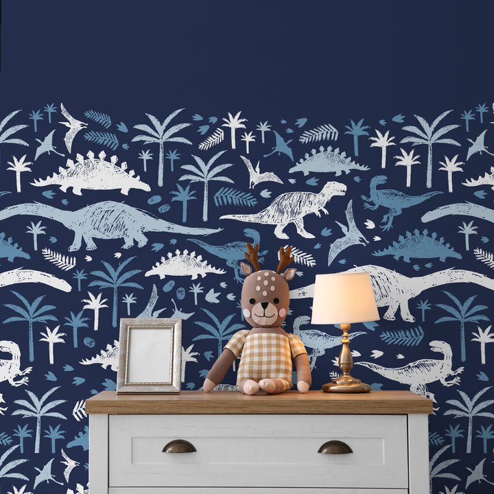 Dinosaur Wallpaper, Dinosaur Peel and Stick Removable Wallpaper, Blue Wallpaper, Boys Room Wallpaper, Baby Boy Wallpaper Mural 