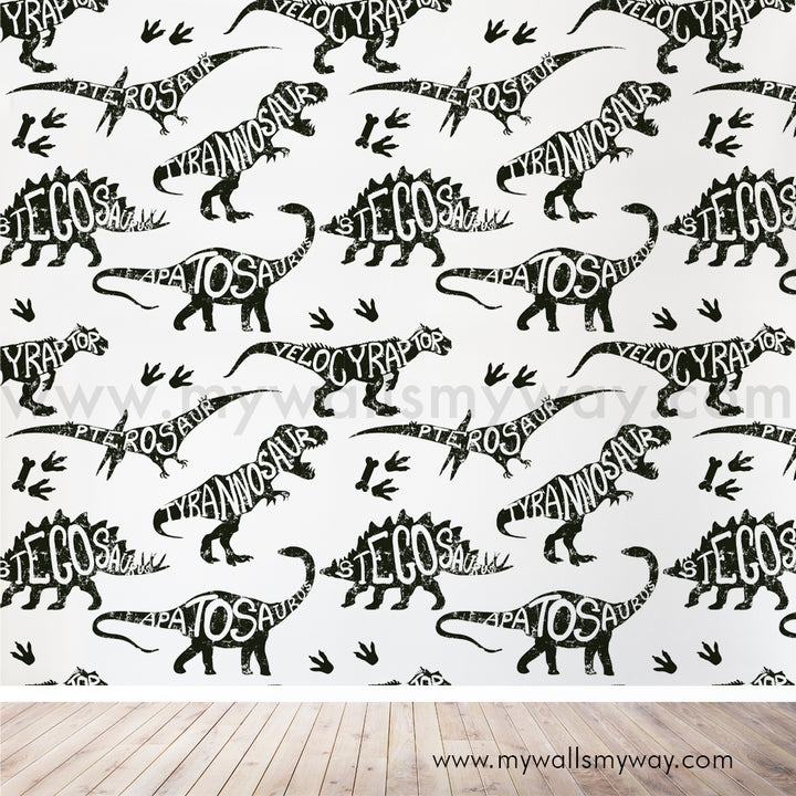 Dinosaur feature wall mural with bold graphic fossils and type-based silhouettes, removable and renter-friendly for kids bedrooms or nursery walls.