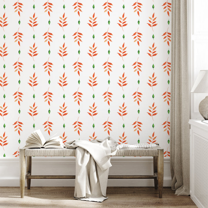 Modern watercolor wallpaper featuring vertical orange leaf vines with green accents, removable peel-and-stick or pre-pasted, ideal for hallway or entryway décor.