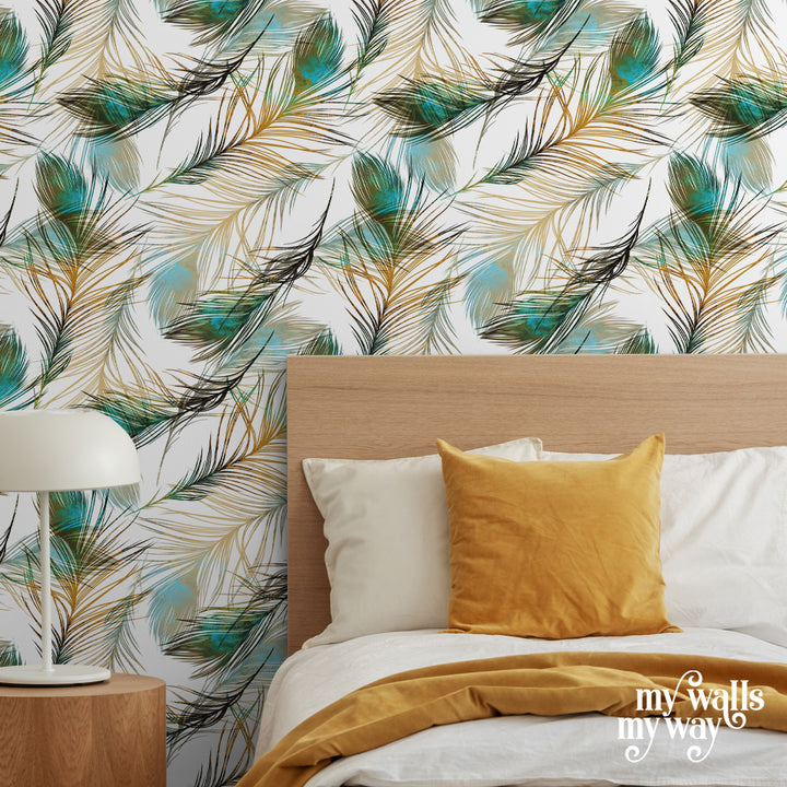Golden feather wallpaper with watercolor brush strokes in teal and charcoal, removable peel-and-stick or pre-pasted, perfect for sophisticated wall décor.