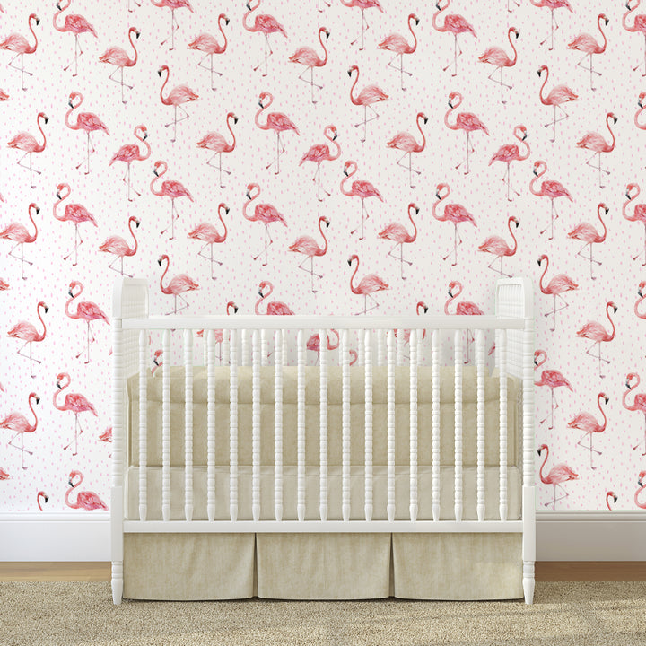 Tropical flamingo nursery wallpaper in watercolor pink hues, available in peel-and-stick or pre-pasted materials for easy DIY wall installation and clean removal.