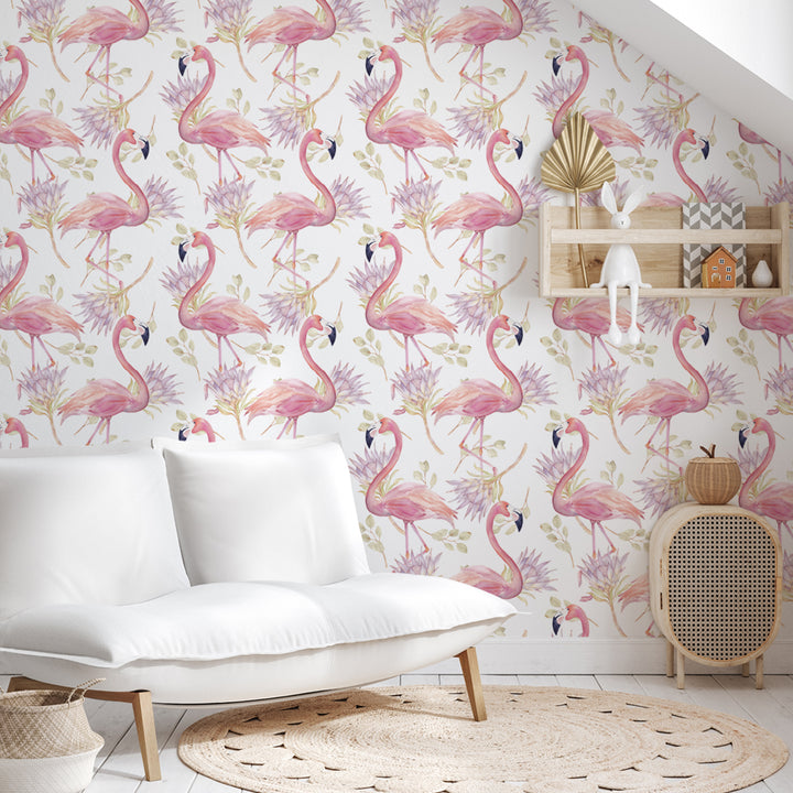 Pink flamingo wallpaper with watercolor birds and soft floral accents, perfect for nurseries or girls’ rooms, removable peel-and-stick or pre-pasted, eco-friendly and wall-safe.
