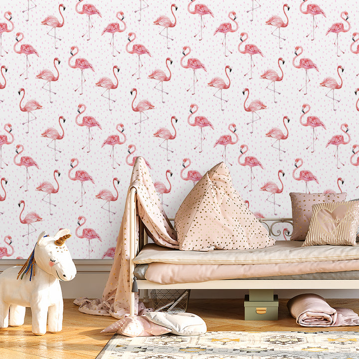 Watercolor flamingo wallpaper featuring elegant pink birds and subtle blush dots, ideal for nursery, playroom, or coastal bedroom décor, removable and damage-free.